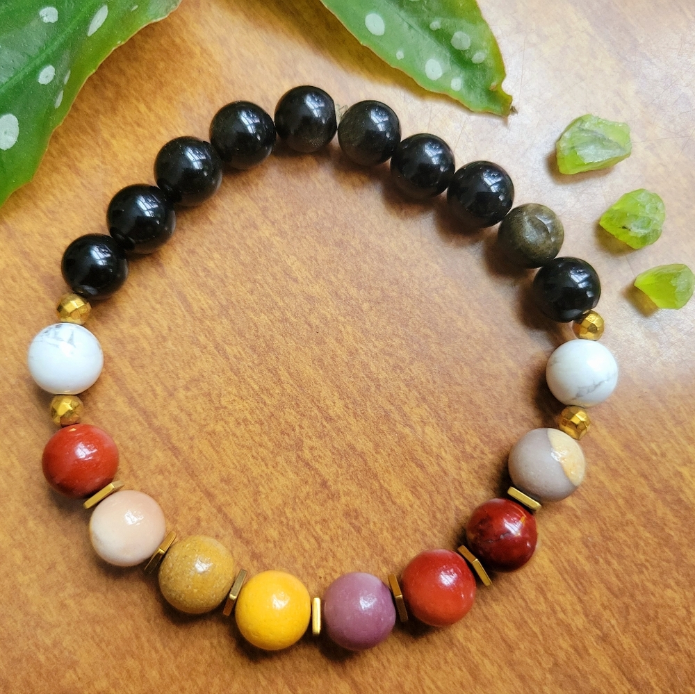 Mookaite, Gold Sheen Obsidian, Howlite Bracelet